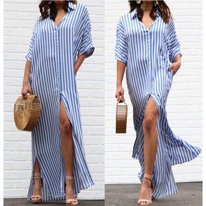 Boho White Blue Striped Long Shirt Dress Maxi Kimono Duster Tunic Top